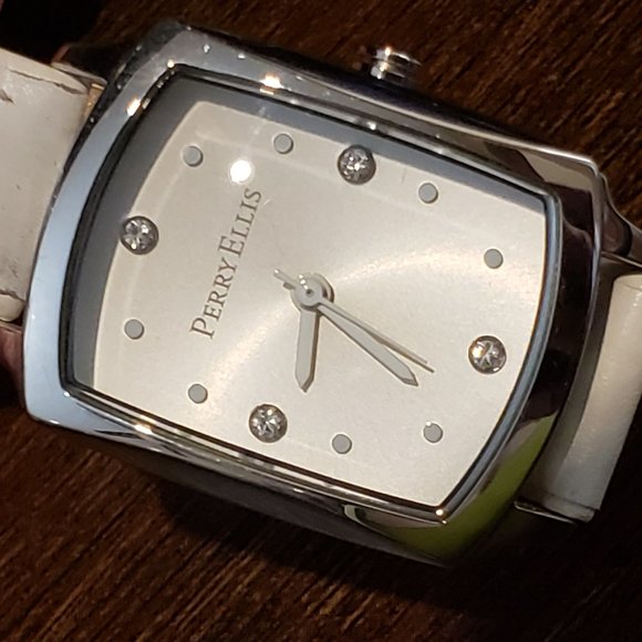 Perry Ellis White Leather Band Silver Rectangle Face Diamond Accent Wrist Watch